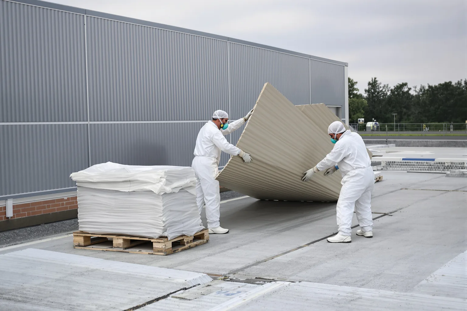 Des professionnels en combinaison blanche et masque retirent des plaques ondulées d'un toit industriel