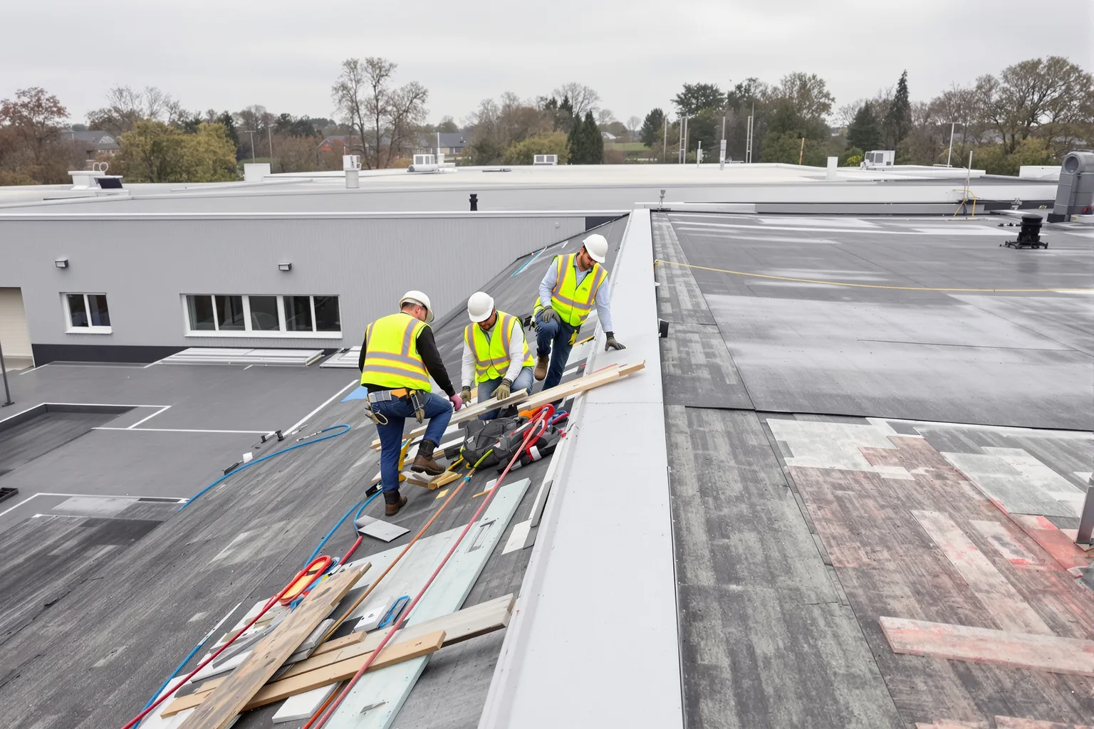 Twee vakmensen werken aan de dakrand van een bedrijfspand met kantoor en werkplaats