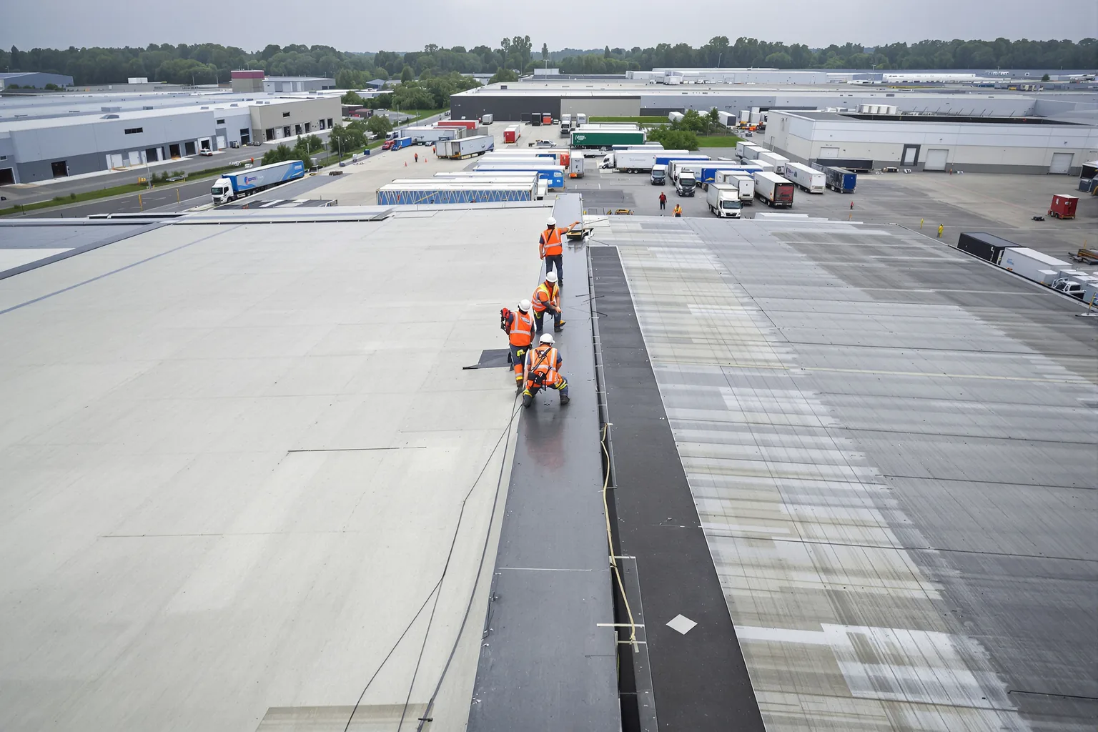 Vakmensen werken op het dak van een logistieke hal met laadkades en vrachtwagens beneden