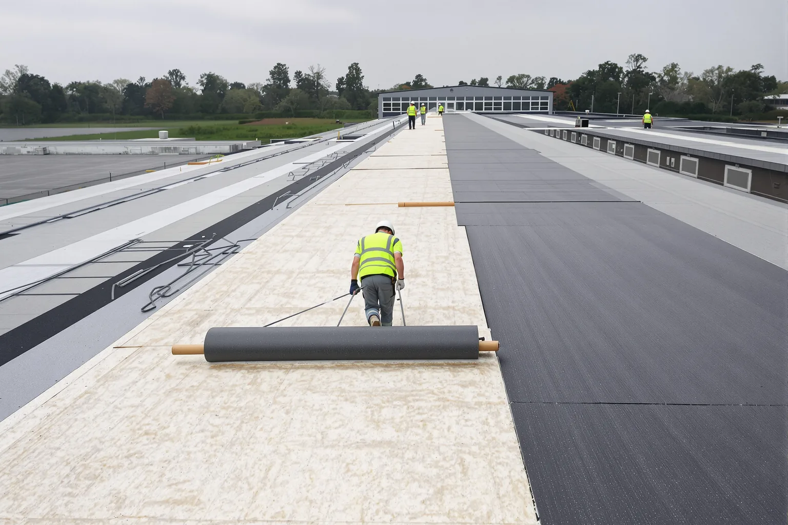 Twee vakmensen rollen bitumen uit op het lange dak van een opslaghal