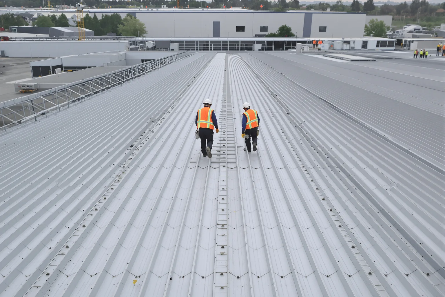 Deux couvreurs sur une toiture steeldeck fraîchement posée d'un grand hall industriel