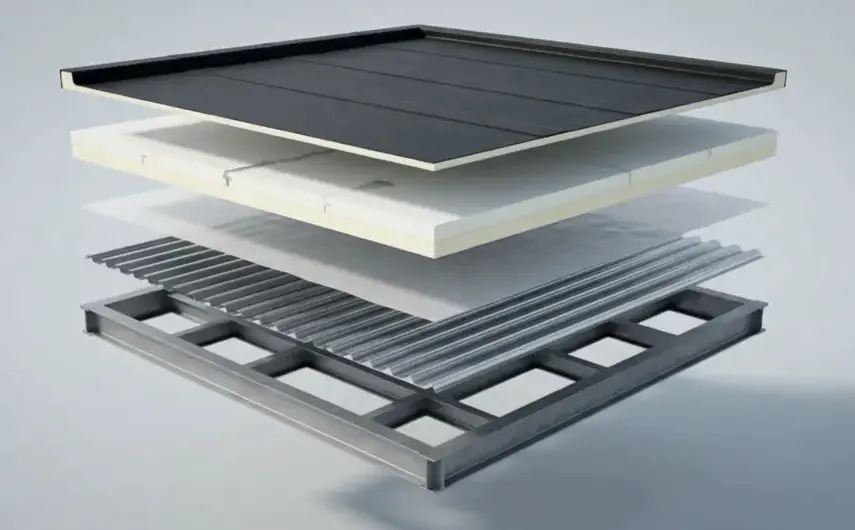 Une toiture steeldeck en coupe, séparée en cinq couches : étanchéité, isolation, pare-vapeur, bac acier steeldeck et structure portante
