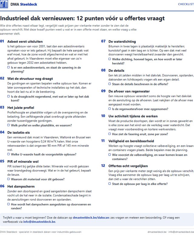 Voorbeeld van de checklist: twaalf punten met bij elk punt een vraag voor de aannemer